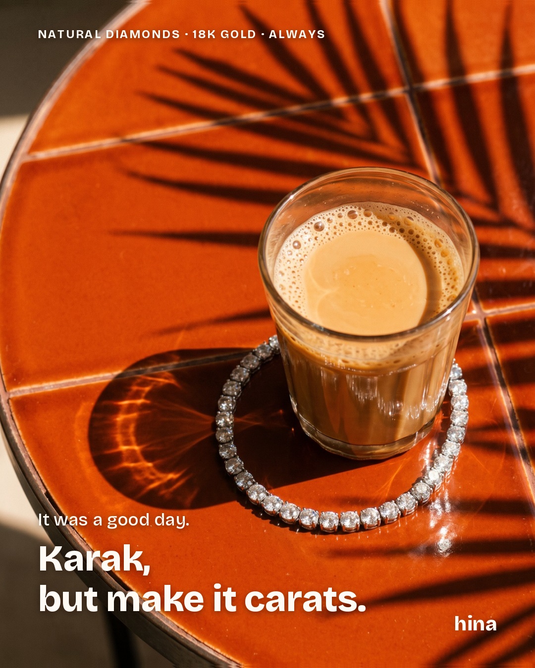 Karak tea and a diamond bracelet on a henna-orange field